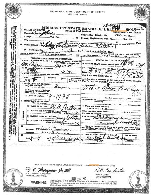Certificato di morte di Charlie Patton